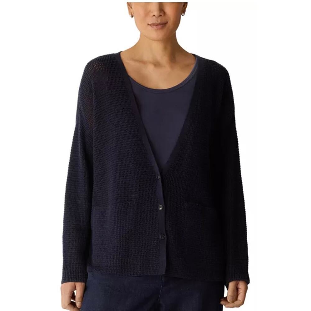 Eileen Fisher V neck Cardigan front pockets 100% merino Wool LG